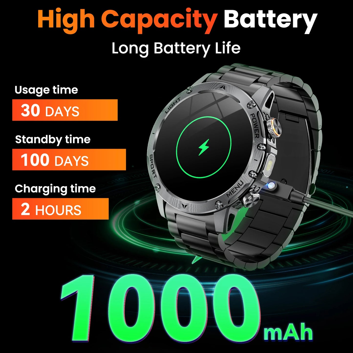 Military Style Smartwatch For Men With 100 Sports Modes Waterproof