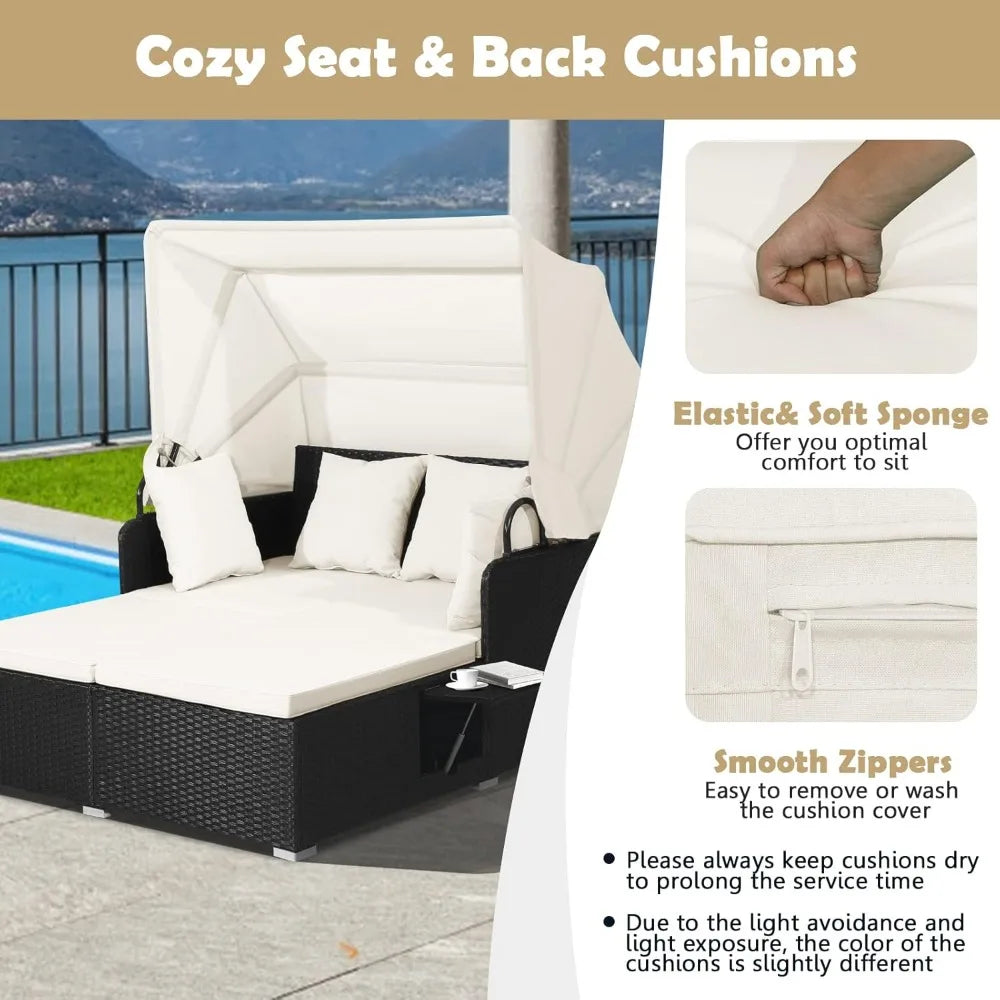 XMSJ Patio Rattan Daybed With Retractable Canopy And Side Tables