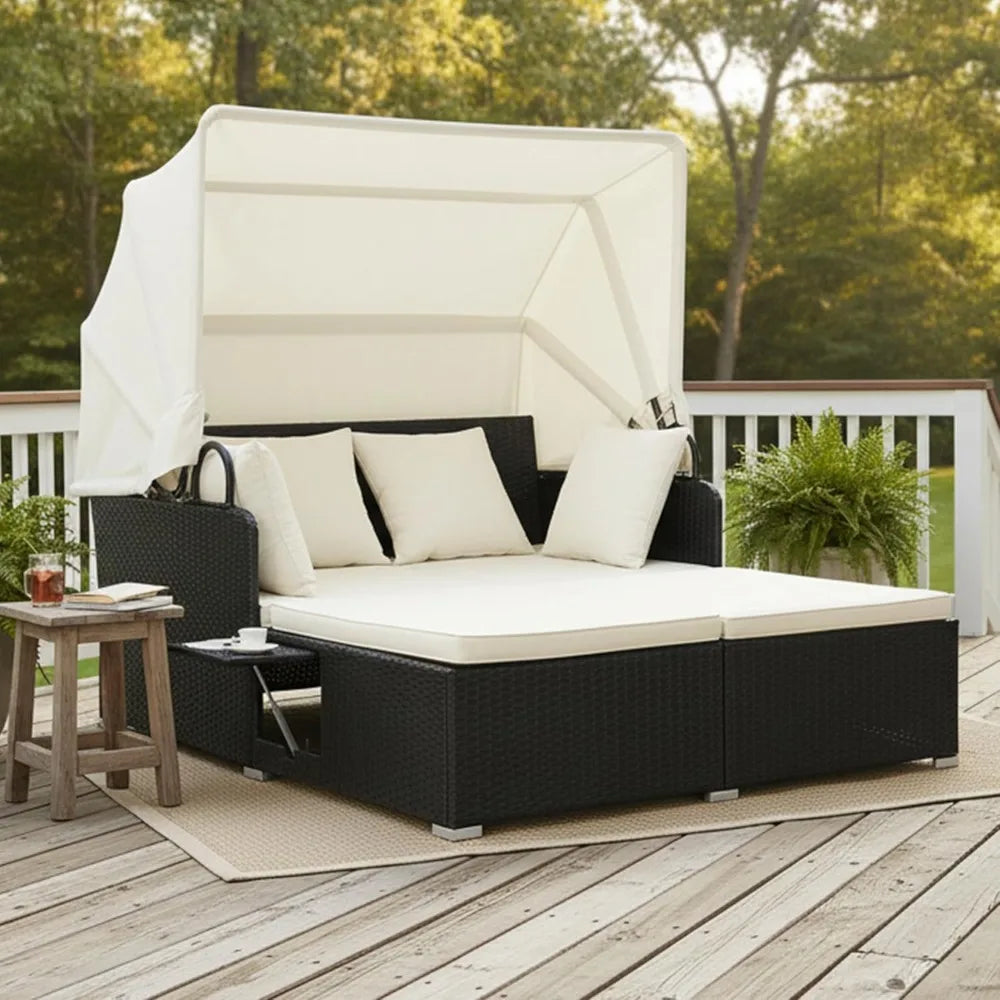 XMSJ Patio Rattan Daybed With Retractable Canopy And Side Tables