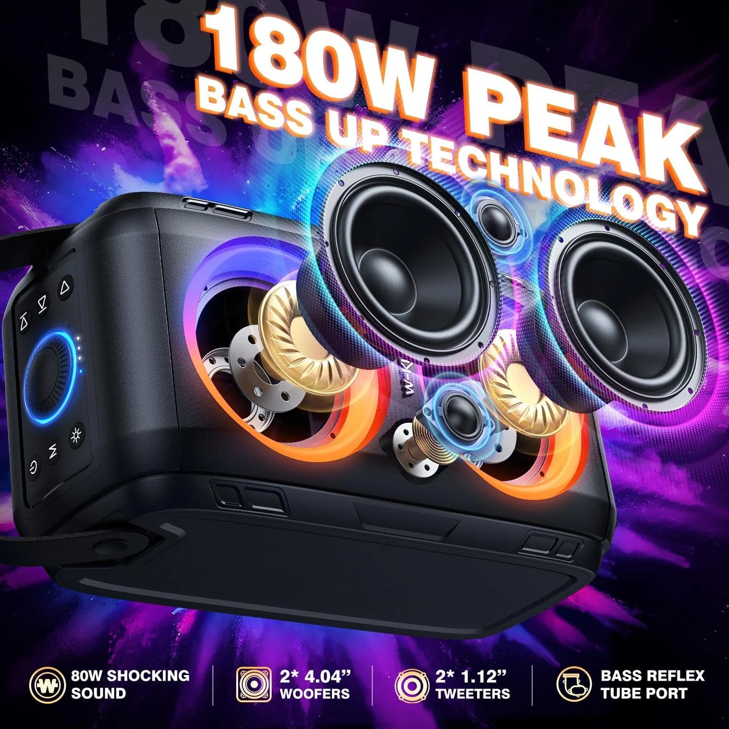 W-King 180W Peak Bluetooth Party Speaker With Removable Battery USB Playback