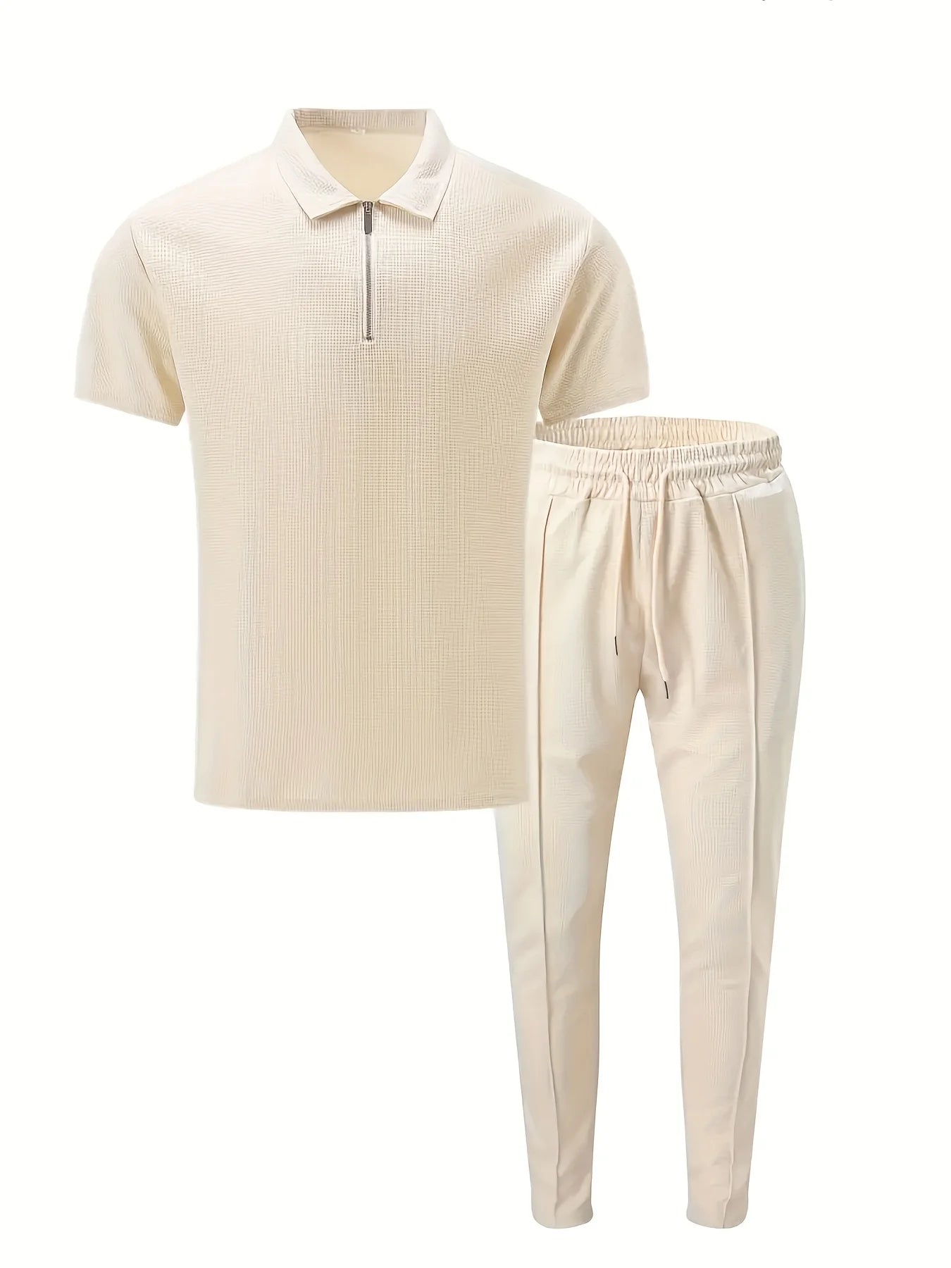 Men's Solid Color Waffle Lapel Zipper Set Long Pants Casual