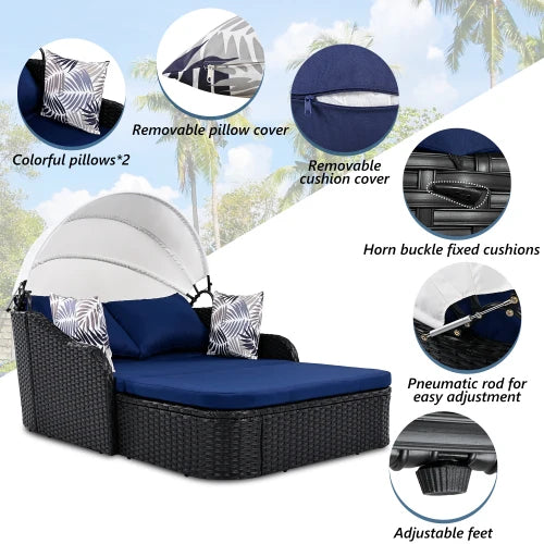 Outdoor Sunbathing Bed With Adjustable Canopy And Double Lounge
