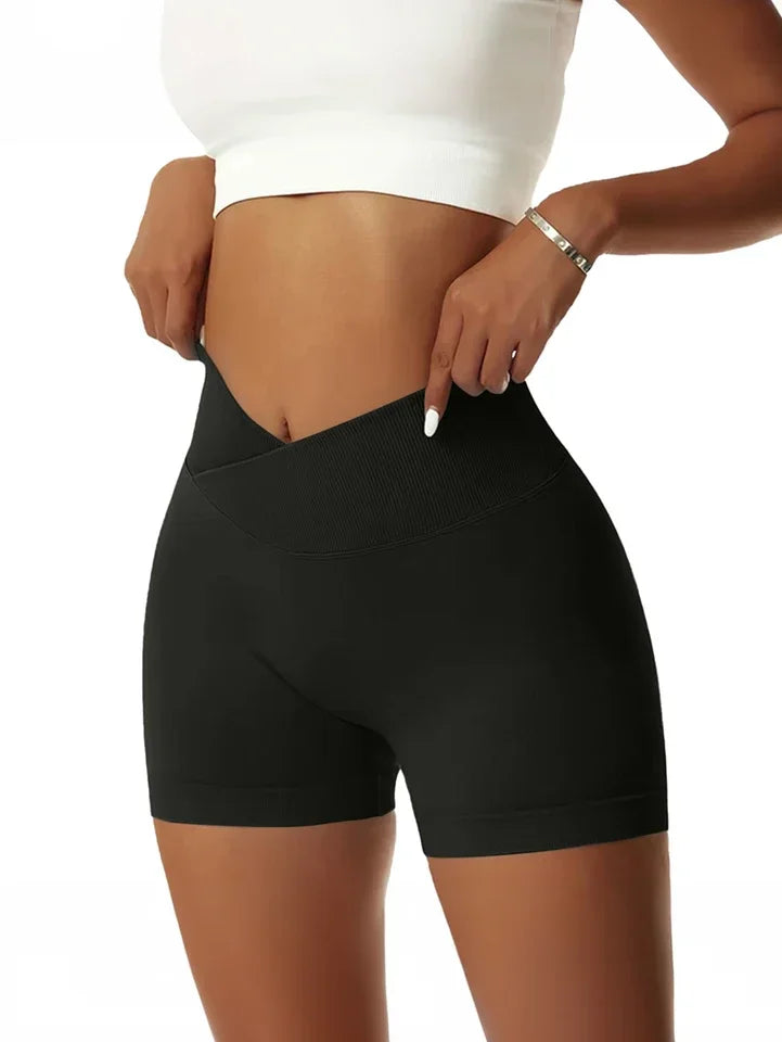 Women's Cross Waist High Waisted Ribbed Biker Shorts Running Gym
