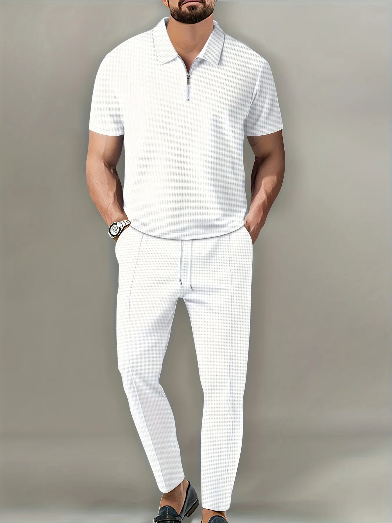 Men's Solid Color Waffle Lapel Zipper Set Long Pants Casual