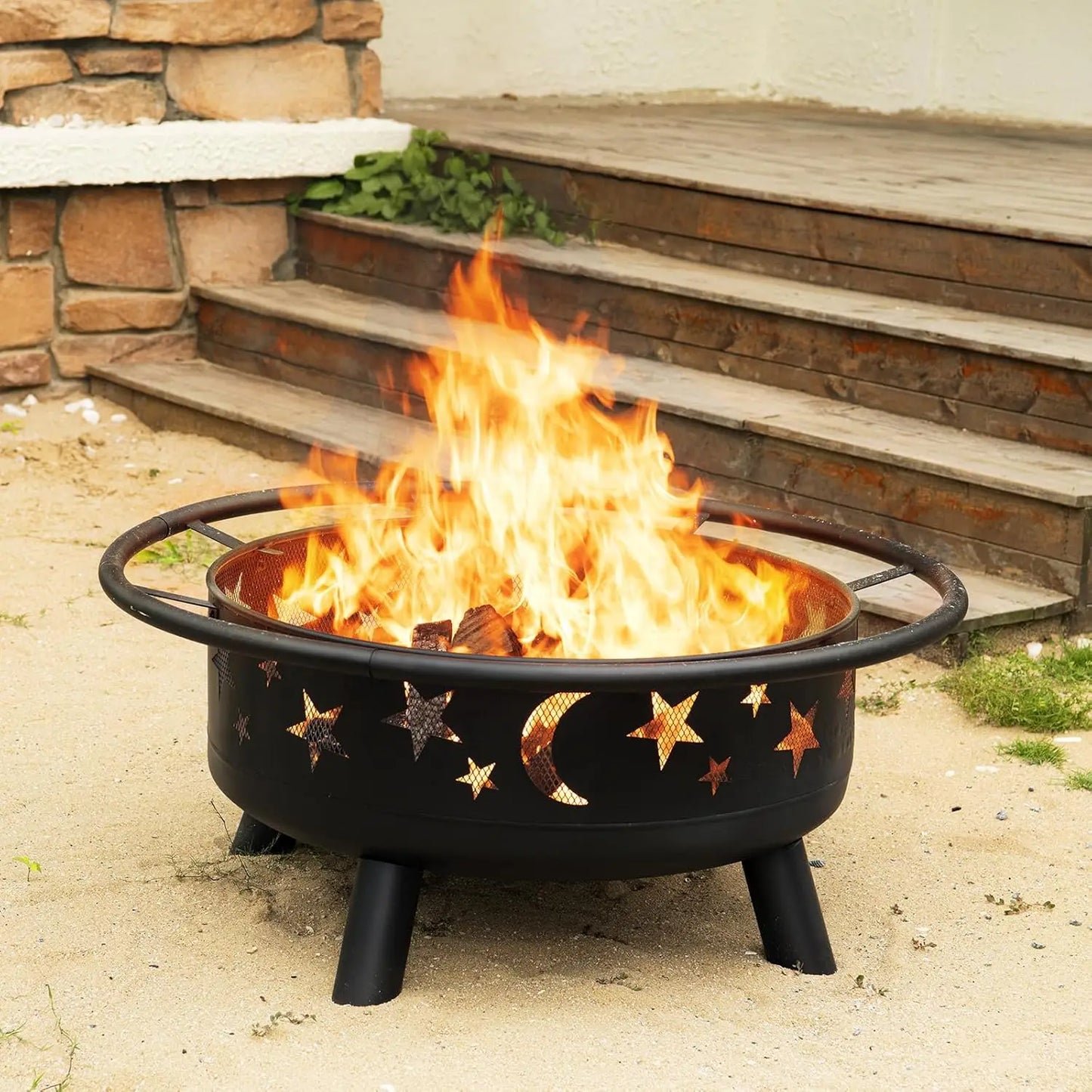 Round Fire Pit With Mesh Cover Star Moon Design Outdoor