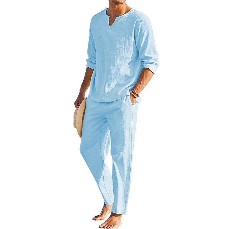 Mens Summer Cotton Linen Henley Shirt And Elastic Waist Pants 2 Piece Set