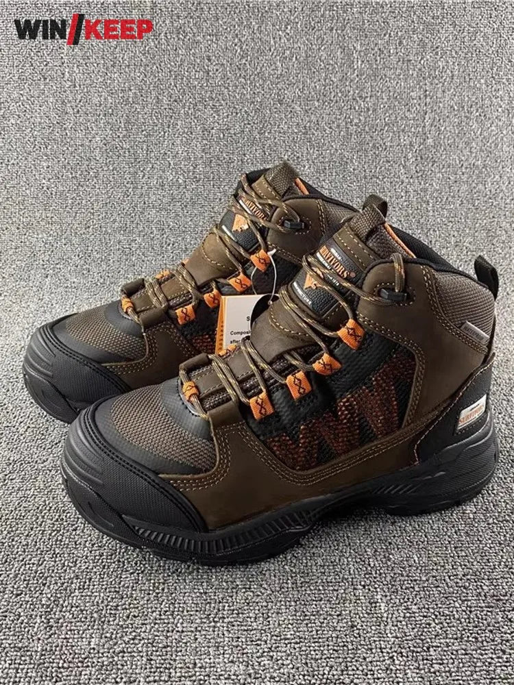 Winkeep Mens Outdoor Hiking Sneakers Spliced Leather Waterproof High Top