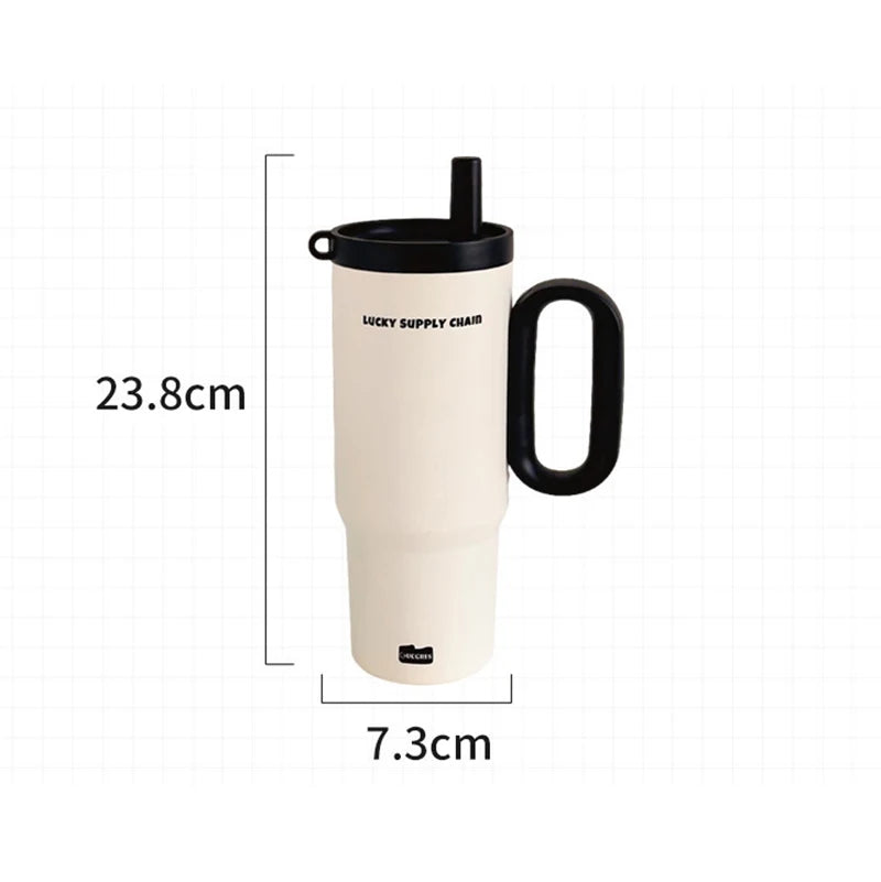 Stainless Steel Vacuum Insulated Thermos Cup With Straw And Handle