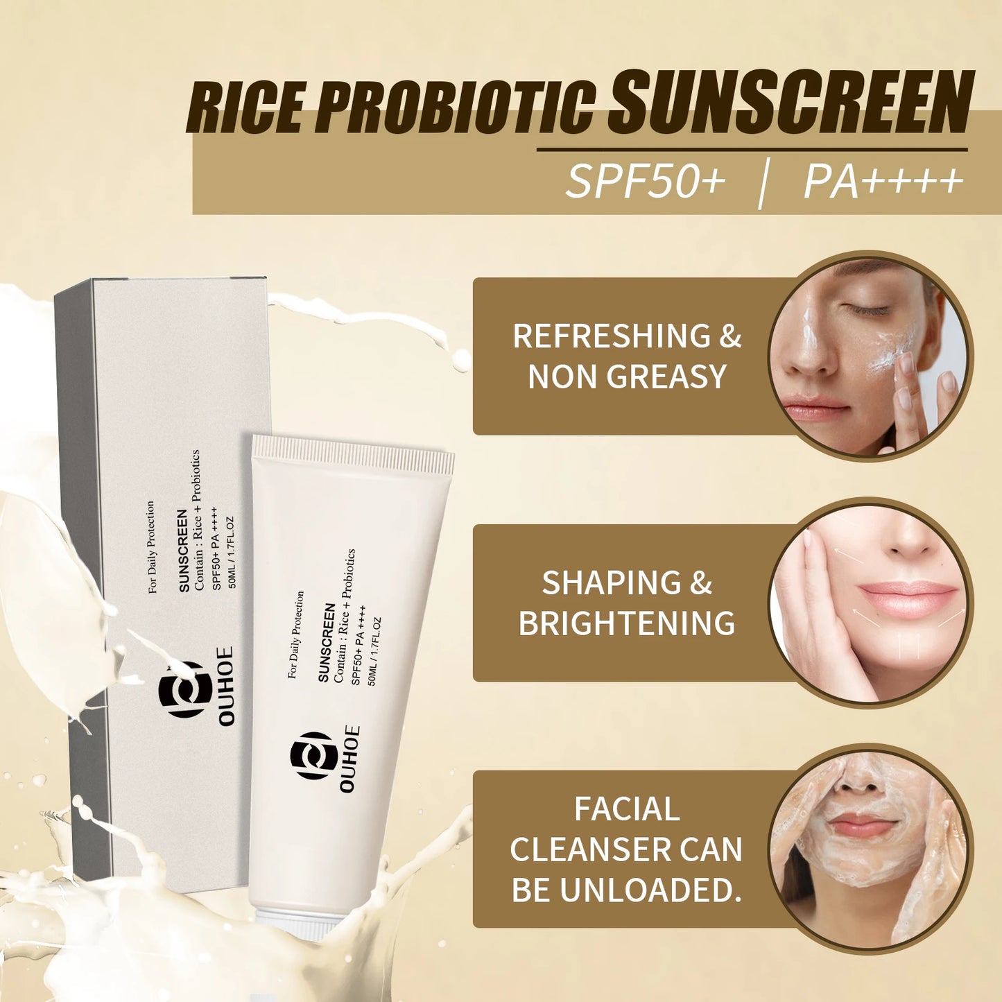 Ouhoe SPF 50 Rice Probiotic Sunscreen Cream Brightening Moisturizer