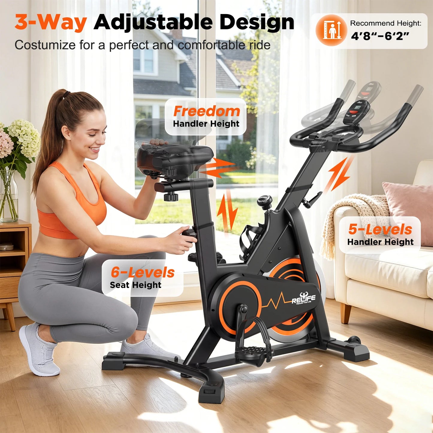Relife Silent Belt Drive Stationary Bike With LCD Monitor Tablet Holder