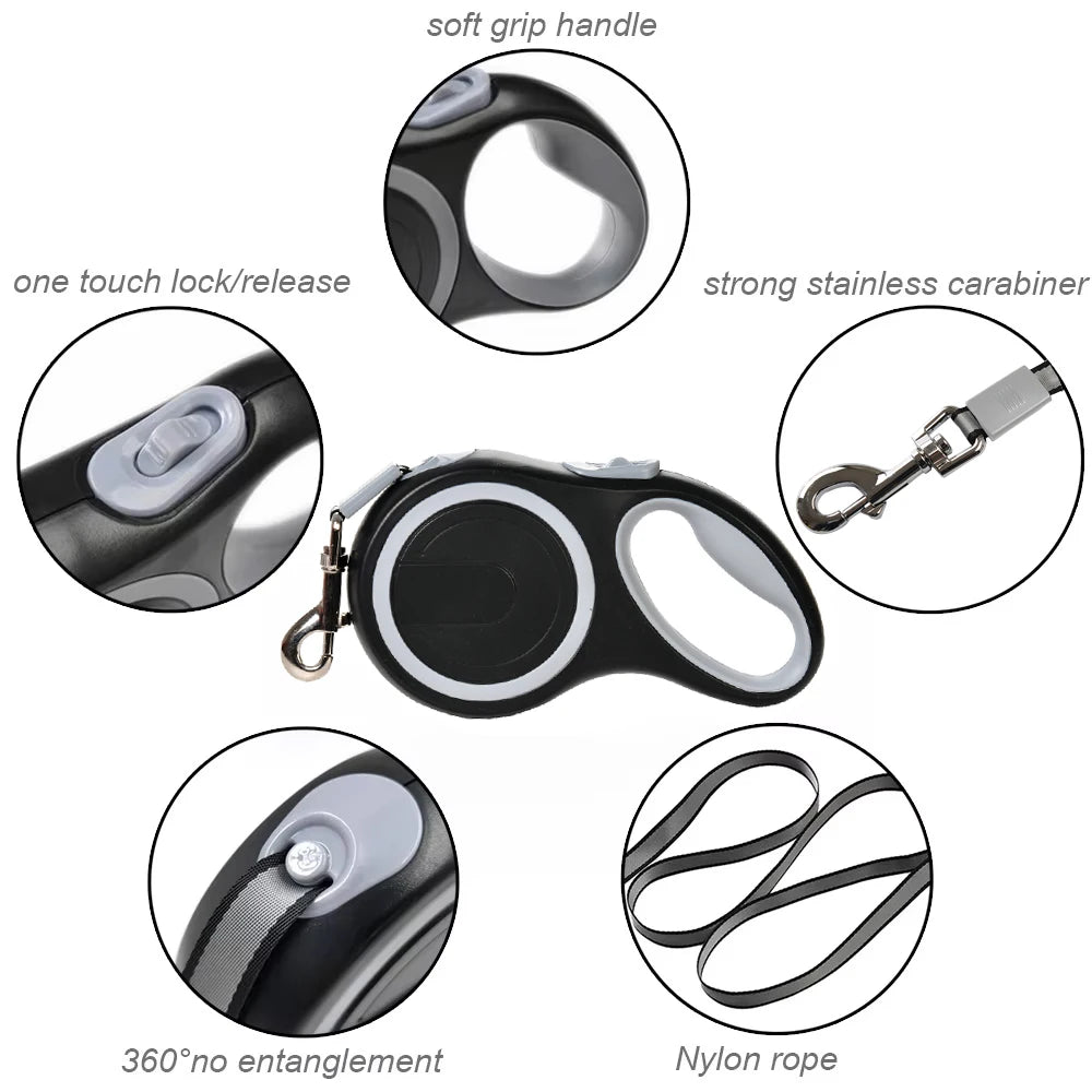 Retractable Dog Leash Nylon Quick Release 50kg For All Sizes